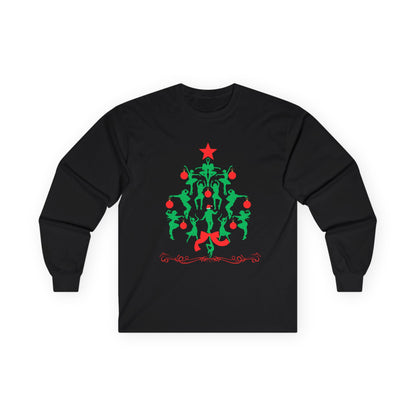 "Christmas Tree Dancer Silhouette" ADULT TEE Unisex Long Sleeve – Festive Ballet & Dance Holiday Tee for Dancers, Teachers, and Studios
