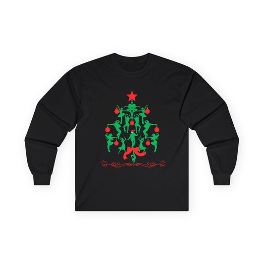 "Christmas Tree Dancer Silhouette" ADULT TEE Unisex Long Sleeve – Festive Ballet & Dance Holiday Tee for Dancers, Teachers, and Studios