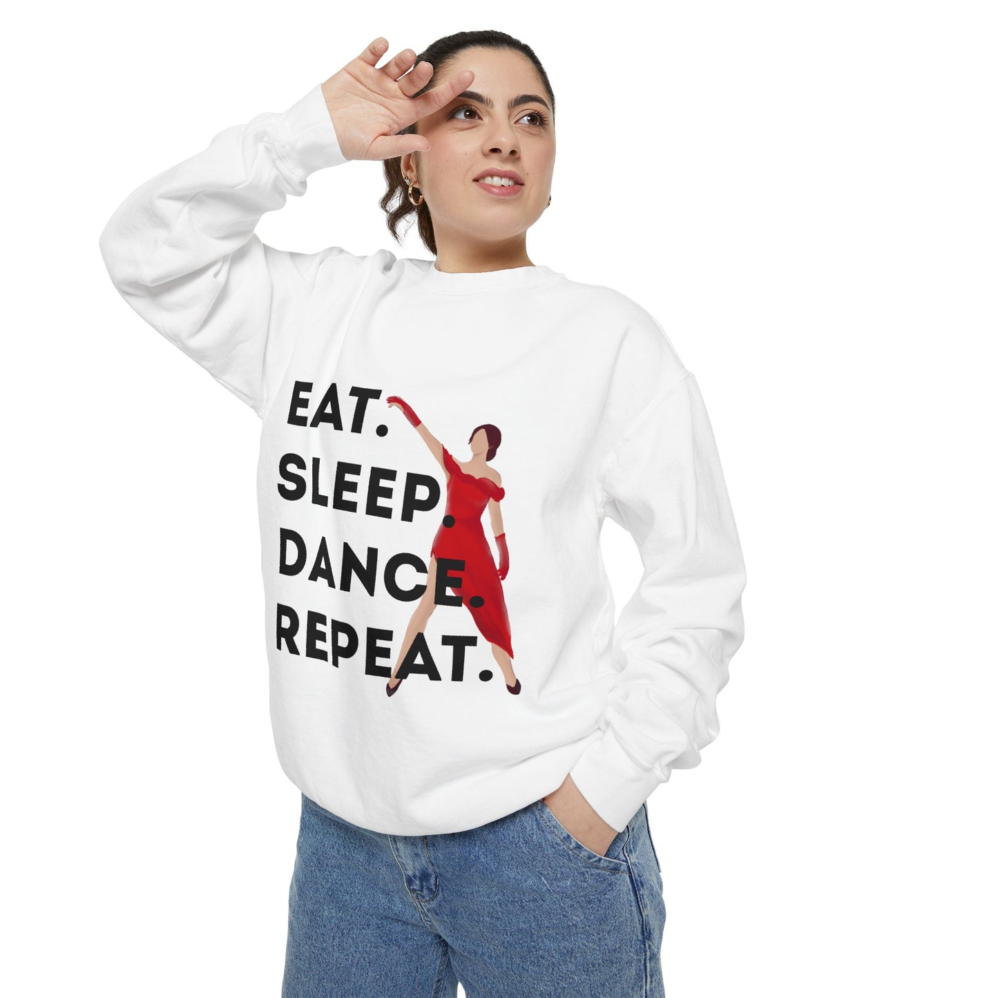 "Eat, Sleep, Dance, Repeat" Unisex Lightweight Crewneck Sweatshirt – Bold Dance Graphic Pullover for Dancers & Studio Life Enthusiasts