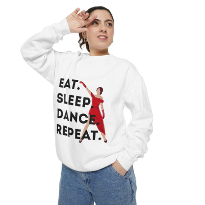 "Eat, Sleep, Dance, Repeat" Unisex Lightweight Crewneck Sweatshirt – Bold Dance Graphic Pullover for Dancers & Studio Life Enthusiasts
