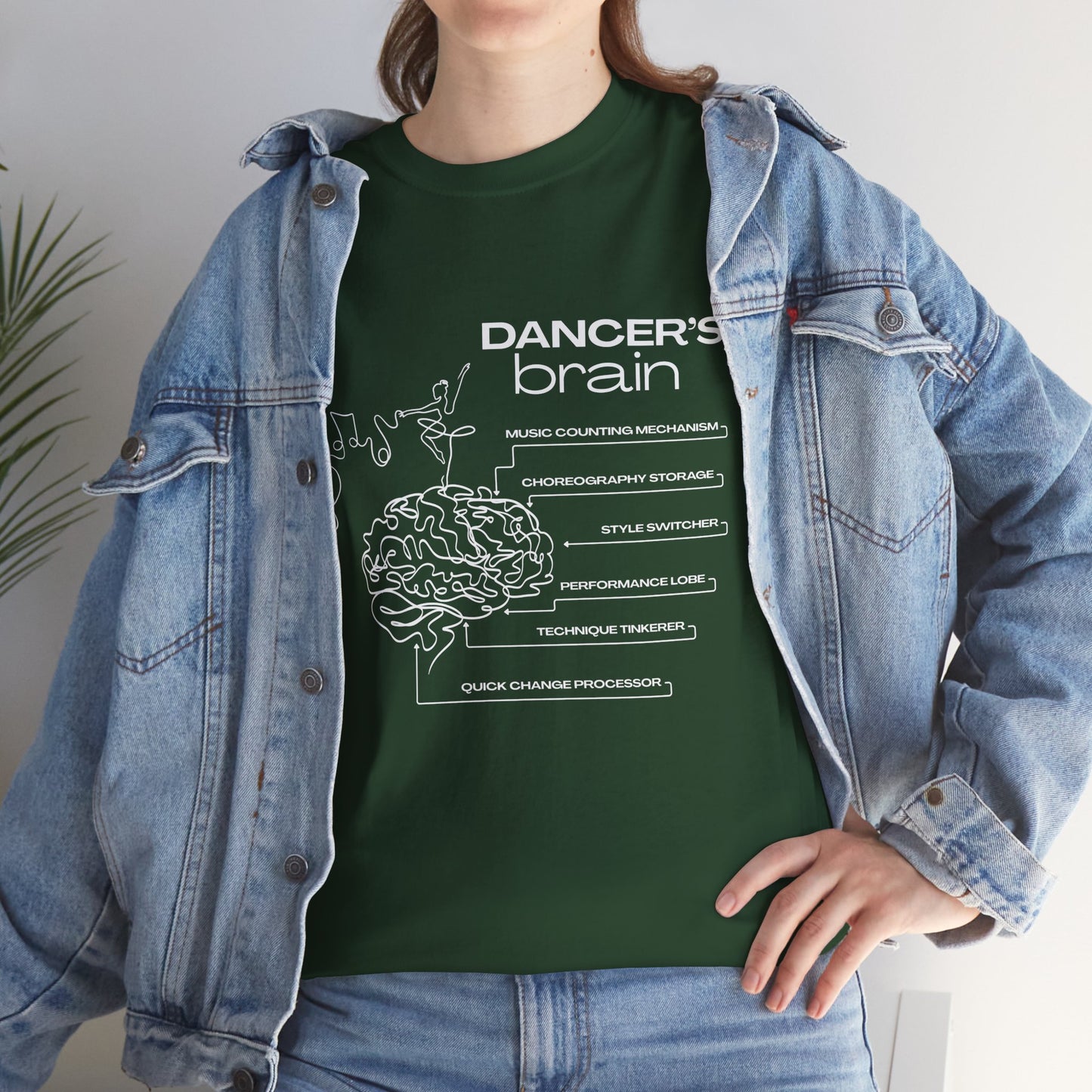 “Dancer’s Brain” Funny Dance Anatomy T-Shirt – Unisex Heavy Cotton Tee with Cute Dancer Brain Diagram and Optional Back Personalization