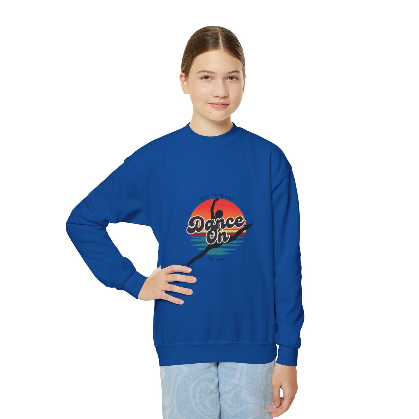 "Keep Calm and Dance On" Youth Crewneck Sweatshirt – Retro Graphic Dance-Themed Kids Pullover for Young Performers