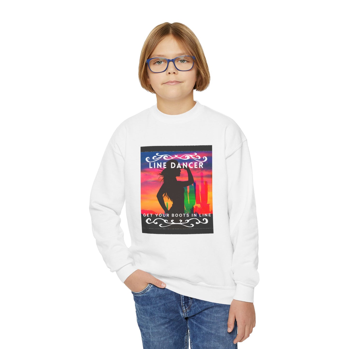 "Line Dancer, Get Your Boots in Line!" Youth Crewneck Sweatshirt – Western-Inspired Dance Graphic – Country Dance Pullover for Kids