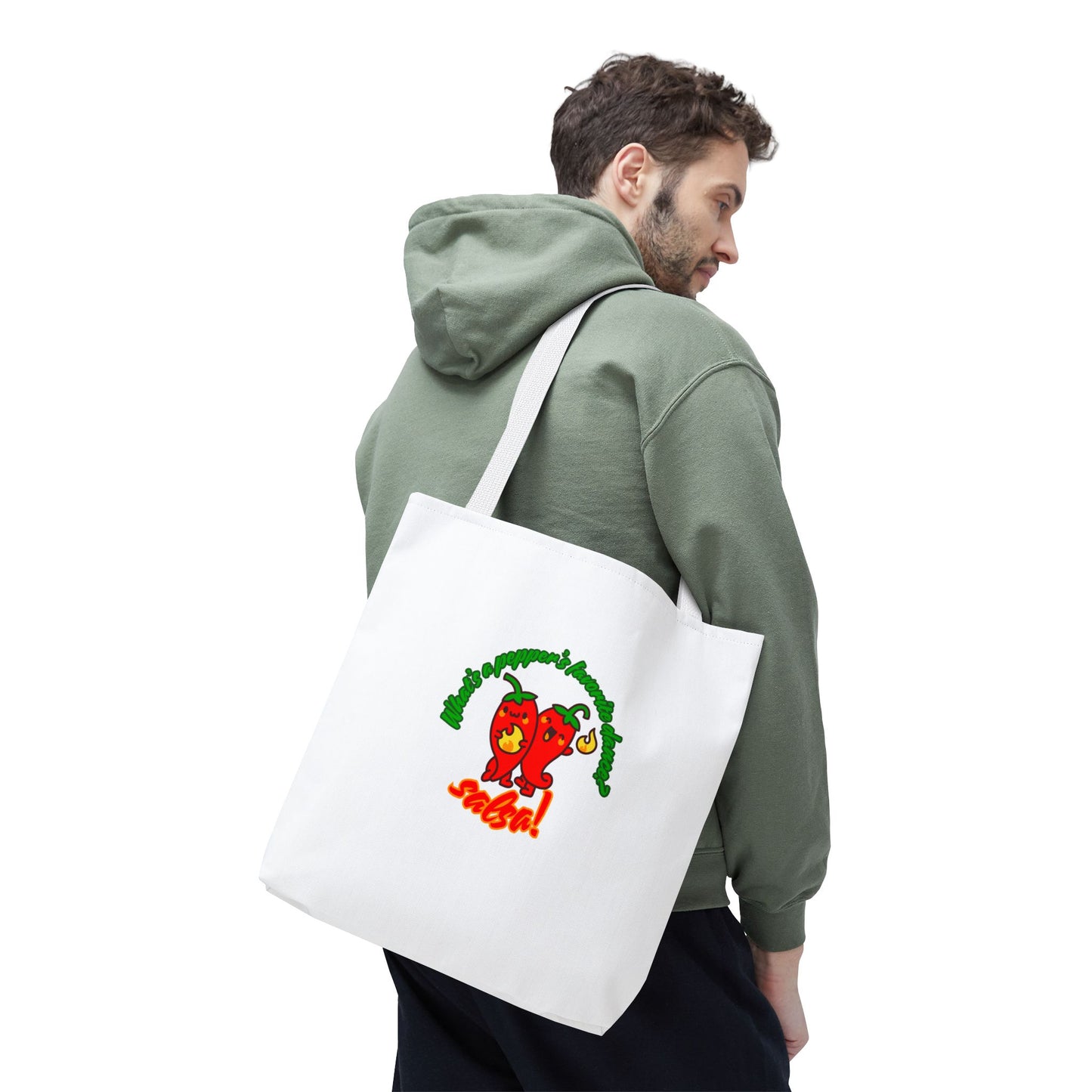 “What’s a Pepper’s Favorite Dance? Salsa!” Salsa Dance Pun Tote Bag – Funny Kawaii Pepper Graphic Canvas Bag for Dancers & Food Lovers