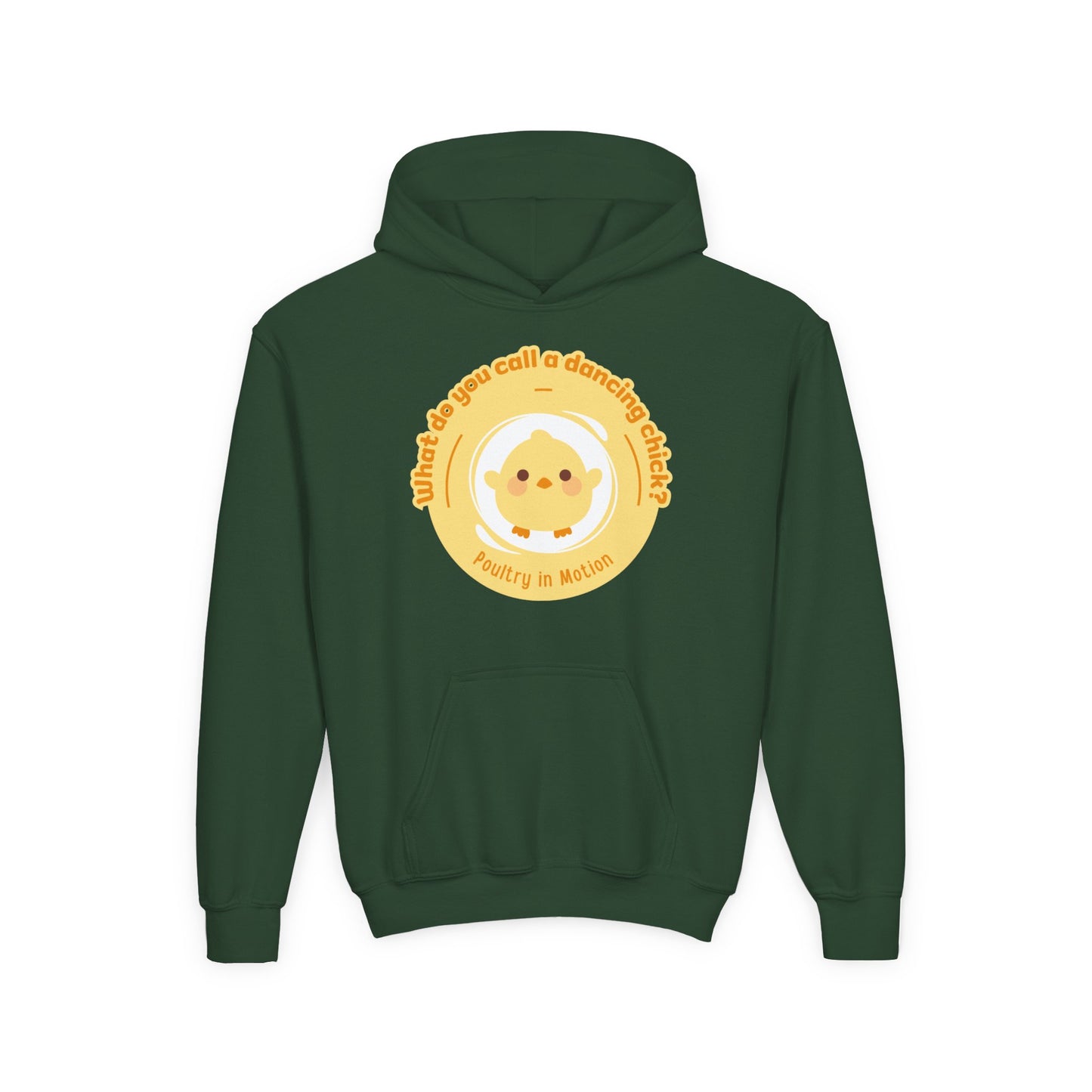 "What do you call a dancing chick? Poultry in Motion." Youth Hooded Sweatshirt – Funny Dancing Chick Pun Graphic Hoodie for Kids and Teens