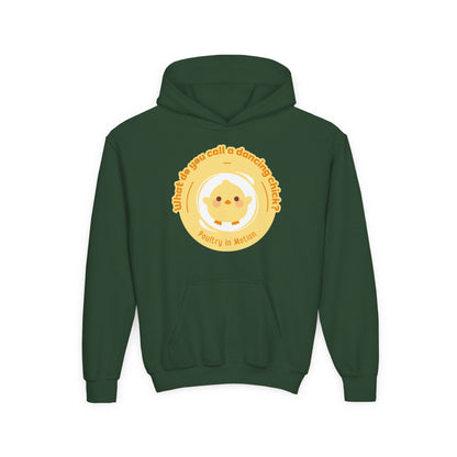 "What do you call a dancing chick? Poultry in Motion." Youth Hooded Sweatshirt – Funny Dancing Chick Pun Graphic Hoodie for Kids and Teens