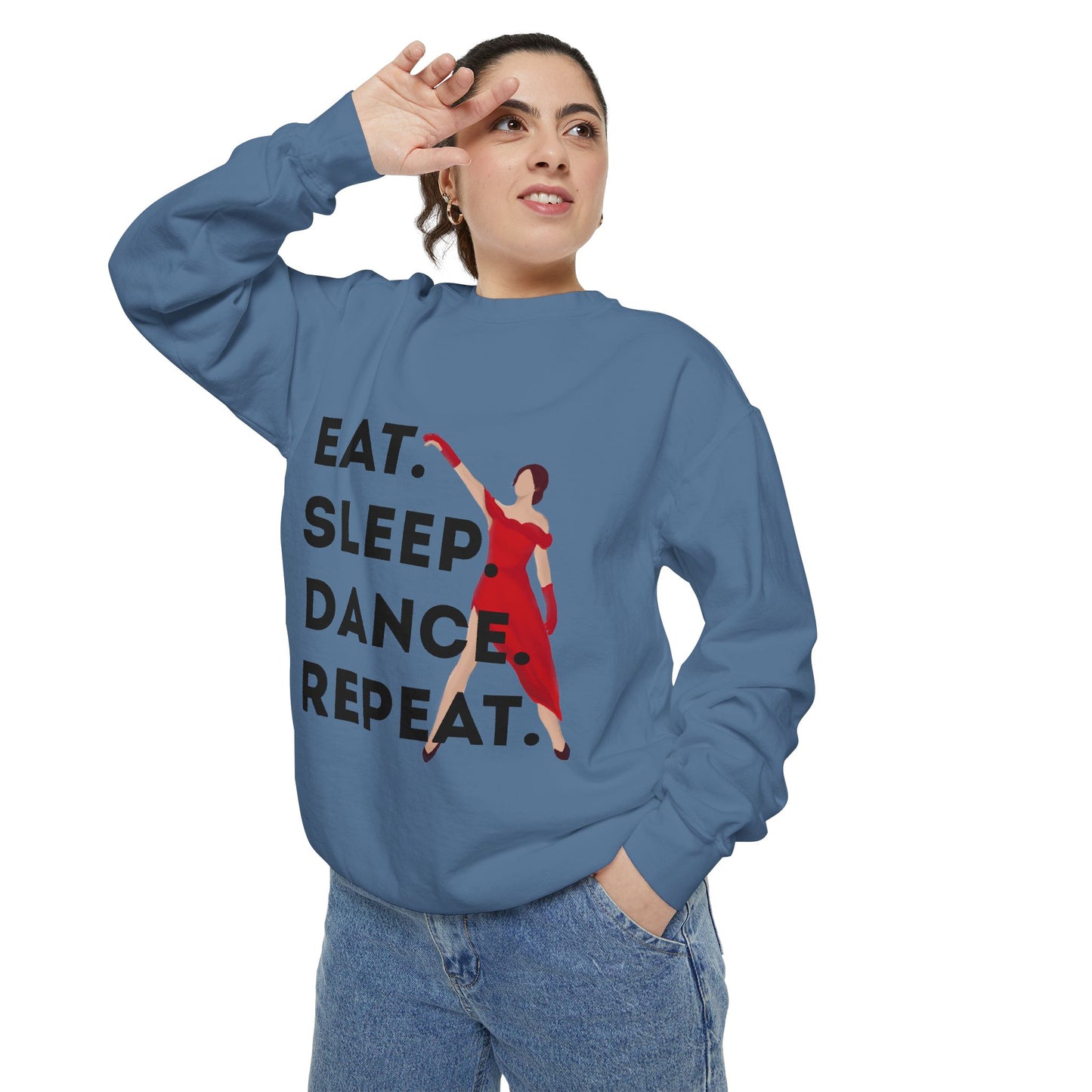 "Eat, Sleep, Dance, Repeat" Unisex Lightweight Crewneck Sweatshirt – Bold Dance Graphic Pullover for Dancers & Studio Life Enthusiasts
