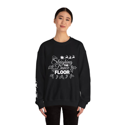 “Sleighing the Dance Floor” ADULT SWEATSHIRT Unisex Heavy Blend Crewneck – Festive Christmas Dance Sweatshirt with Santa’s Sleigh & Reindeer Arm Design, Perfect for Dancers & Studios