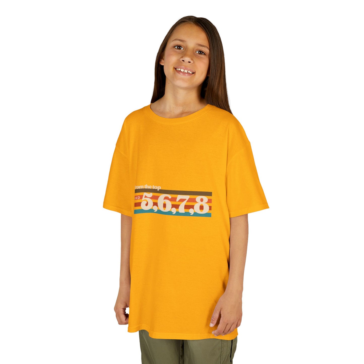 “From the Top and 5, 6, 7, 8” Youth Short Sleeve Tee – Retro Graphic Dance Shirt for Kids and Young Performers