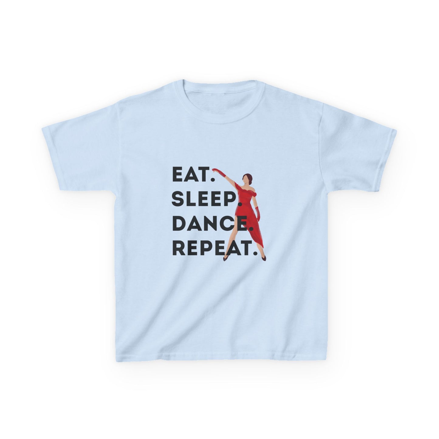 "Eat Sleep Dance Repeat” Youth Short Sleeve Tee – Bold Dancer Graphic Dance Shirt for Kids and Young Performers