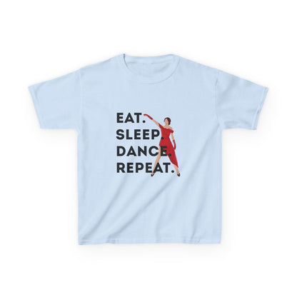 "Eat Sleep Dance Repeat” Youth Short Sleeve Tee – Bold Dancer Graphic Dance Shirt for Kids and Young Performers