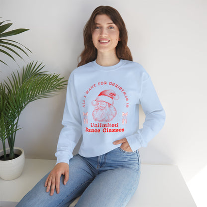 “All I Want for Christmas Is Unlimited Dance Classes” ADULT SWEATSHIRT Unisex Heavy Blend Crewneck with Vintage Santa – Festive Holiday Dance Sweatshirt for Dancers & Studios