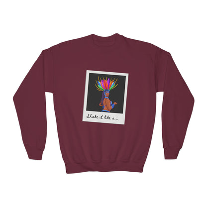"Shake It Like a..." Youth Crewneck Sweatshirt – Carnival-Inspired Samba Dancer Graphic Pullover for Kids and Teens