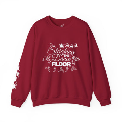 “Sleighing the Dance Floor” ADULT SWEATSHIRT Unisex Heavy Blend Crewneck – Festive Christmas Dance Sweatshirt with Santa’s Sleigh & Reindeer Arm Design, Perfect for Dancers & Studios