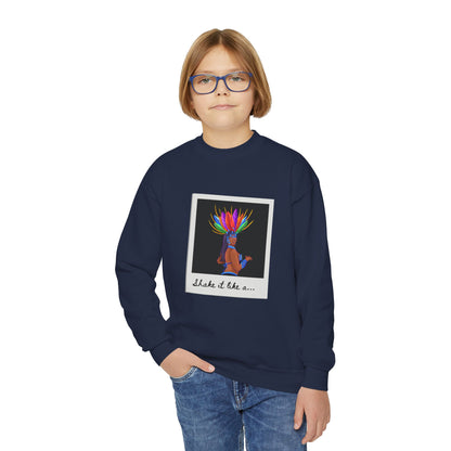 "Shake It Like a..." Youth Crewneck Sweatshirt – Carnival-Inspired Samba Dancer Graphic Pullover for Kids and Teens