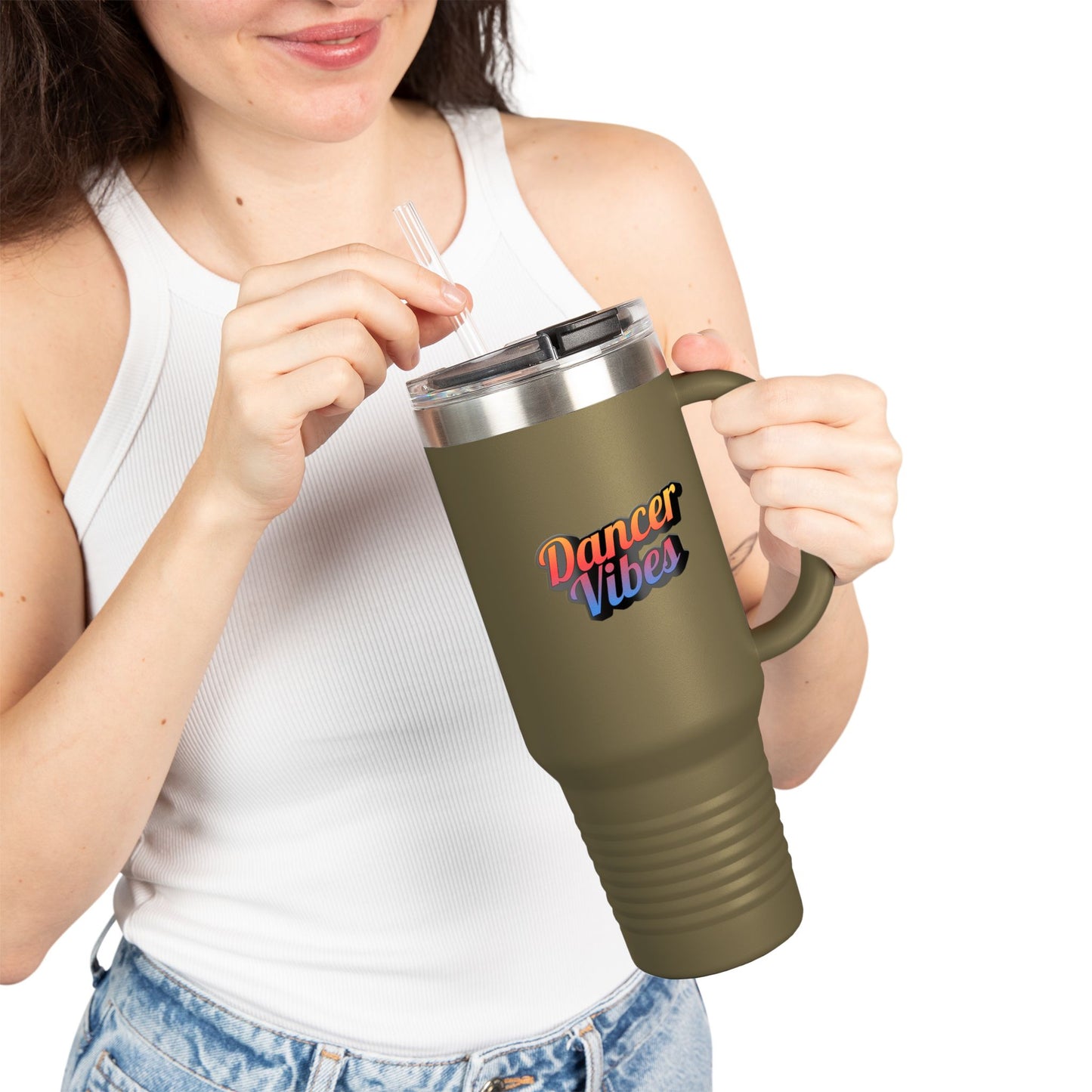 "Dancer Vibes" 40oz Insulated Travel Mug – Retro-Inspired Stainless Steel Tumbler for Dance Lovers | Hot & Cold Beverage Travel Cup with Handle and Leak-Proof Lid