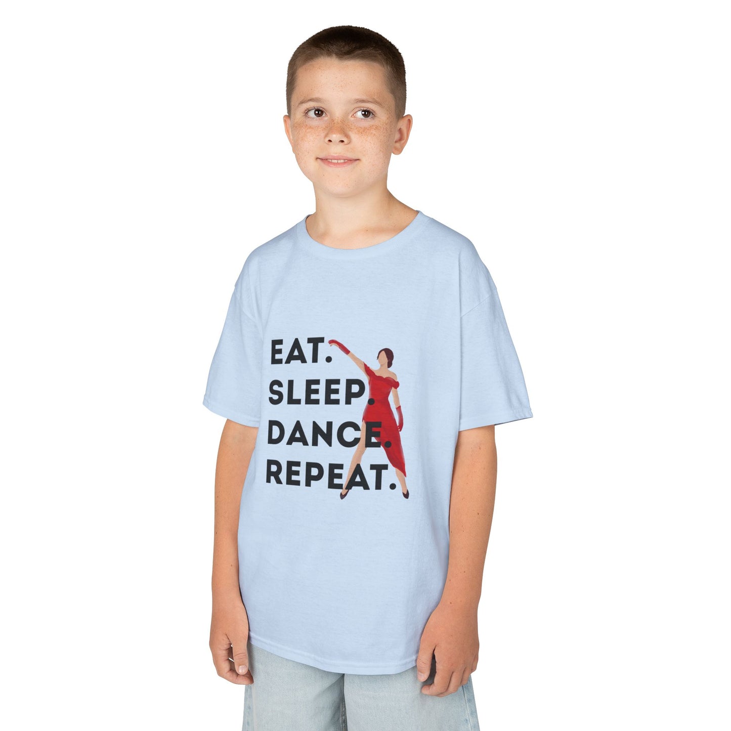 "Eat Sleep Dance Repeat” Youth Short Sleeve Tee – Bold Dancer Graphic Dance Shirt for Kids and Young Performers