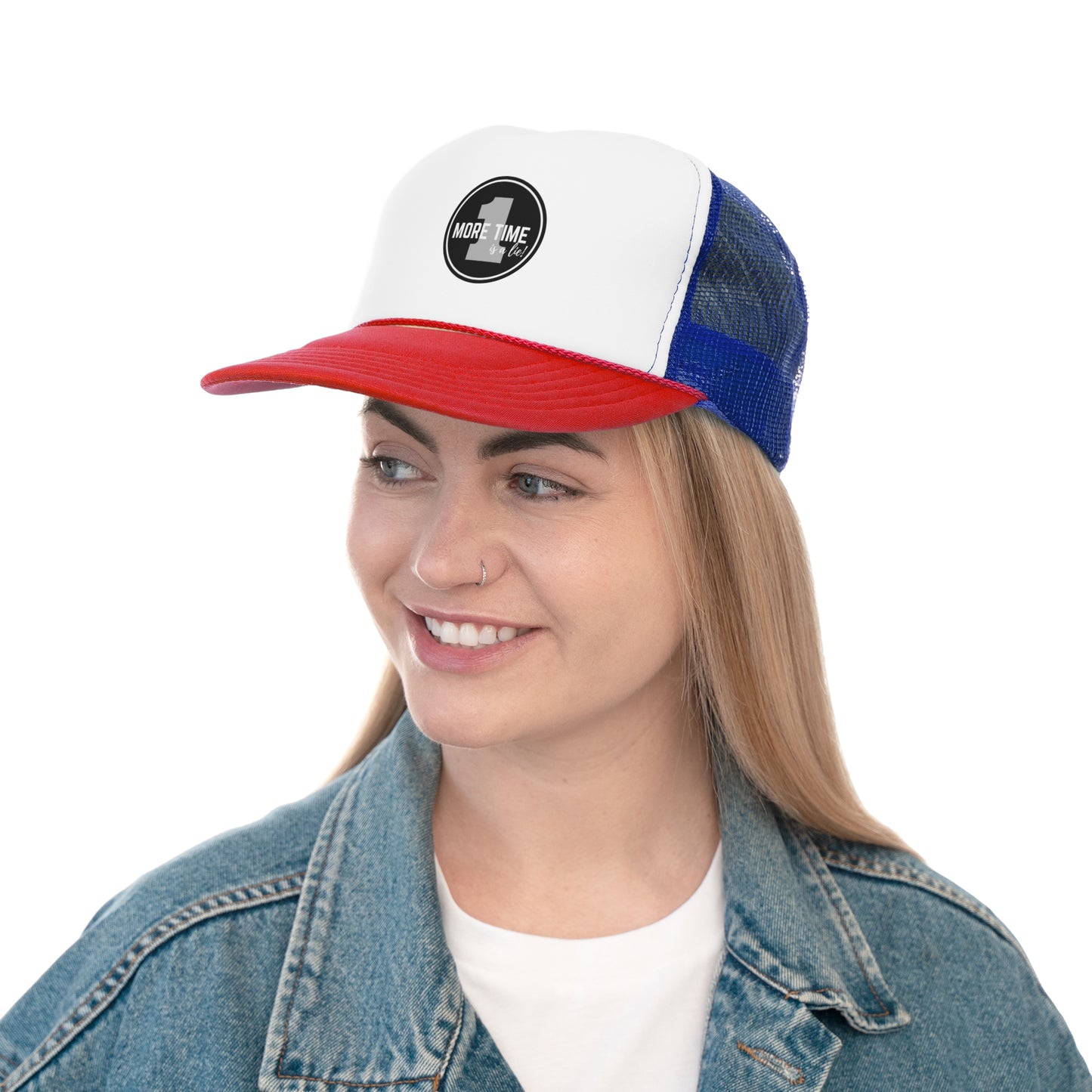 "One More Time is a Lie" Dance Quote Unisex Trucker Hat – Emblem Graphic Cap for Dancers & Dance Moms – Funny Dance Rehearsal Hat
