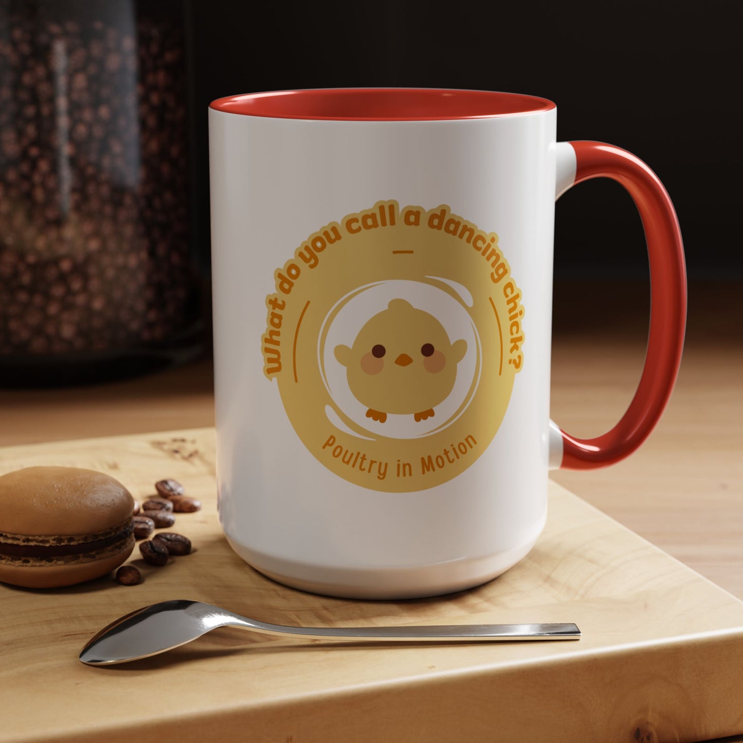 "What Do You Call a Dancing Chick? Poultry in Motion" Accent Coffee Mug – Funny Dance Pun Ceramic Mug for Dancers and Chick Enthusiasts