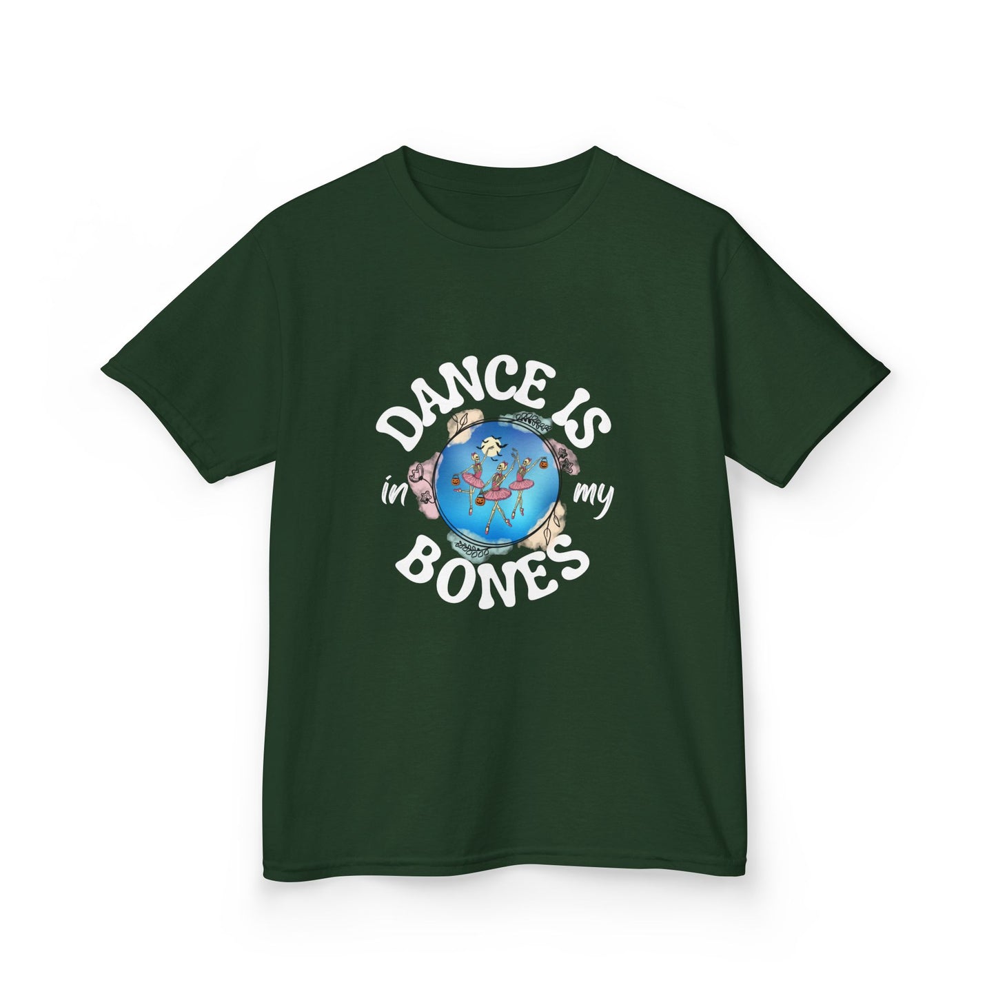 "Dance Is in My Bones” Halloween Dance T-Shirt with Dancing Skeletons Graphic - Kids Heavy Cotton™ Tee