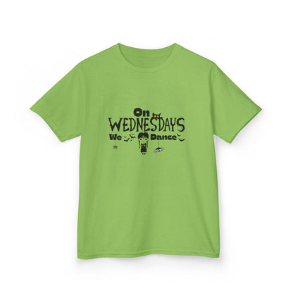 “On Wednesdays We Dance” Gothic Halloween T-Shirt with Cute Girl, Black Cat, Spiders & Bats - Kids Heavy Cotton™ Tee