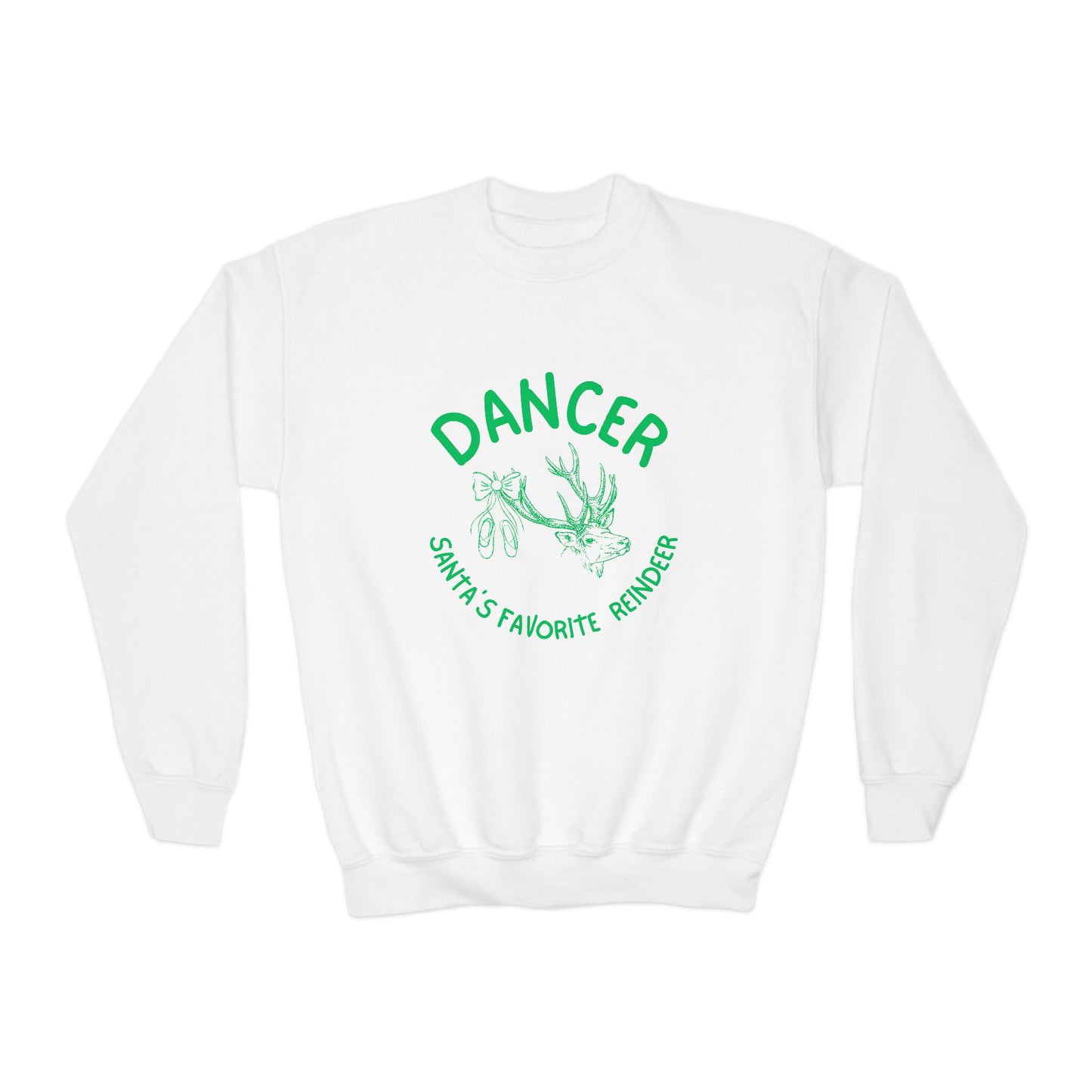 “Dancer, Santa’s Favorite Reindeer” YOUTH SWEATSHIRT Crewneck with Vintage Reindeer Graphic – Festive Christmas Dance Sweatshirt for Dancers & Holiday Events