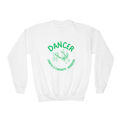 “Dancer, Santa’s Favorite Reindeer” YOUTH SWEATSHIRT Crewneck with Vintage Reindeer Graphic – Festive Christmas Dance Sweatshirt for Dancers & Holiday Events