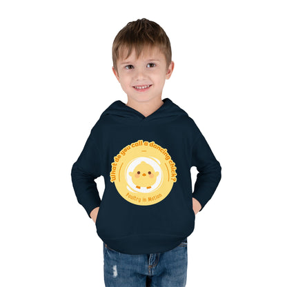 "What do you call a dancing chick? Poultry in Motion." Toddler Pullover Hoodie – Funny Dancing Chicken Pun Graphic Fleece Sweatshirt for Kids