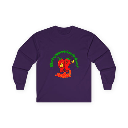 "What’s a Pepper’s Favorite Dance? Salsa!" Unisex Long Sleeve Tee – Funny Dance Pun Shirt with Cute Pepper Graphic for Dancers & Food Lovers