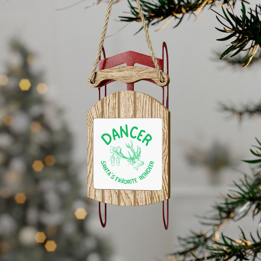 “Dancer Santa's Favorite Reindeer” Sled Ornament – Vintage Santa Ballet-Themed Christmas Decoration (Wooden Holiday Ornament for Dancers)