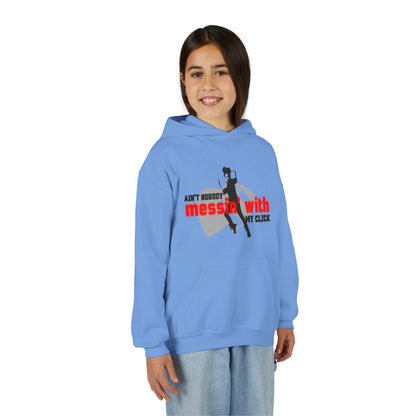 “Ain’t Nobody Messin’ with My Click” Tap Dance Graphic with Tap Shoes & Dancer - Unisex Youth Hoodie – Streetwear Tap Dancing Hoodie for Kids & Young Performers