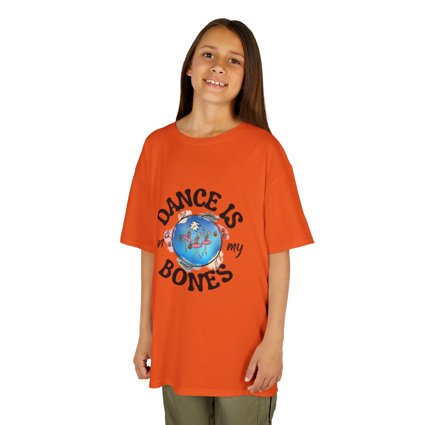"Dance Is in My Bones” Halloween Dance T-Shirt with Dancing Skeletons Graphic - Kids Heavy Cotton™ Tee