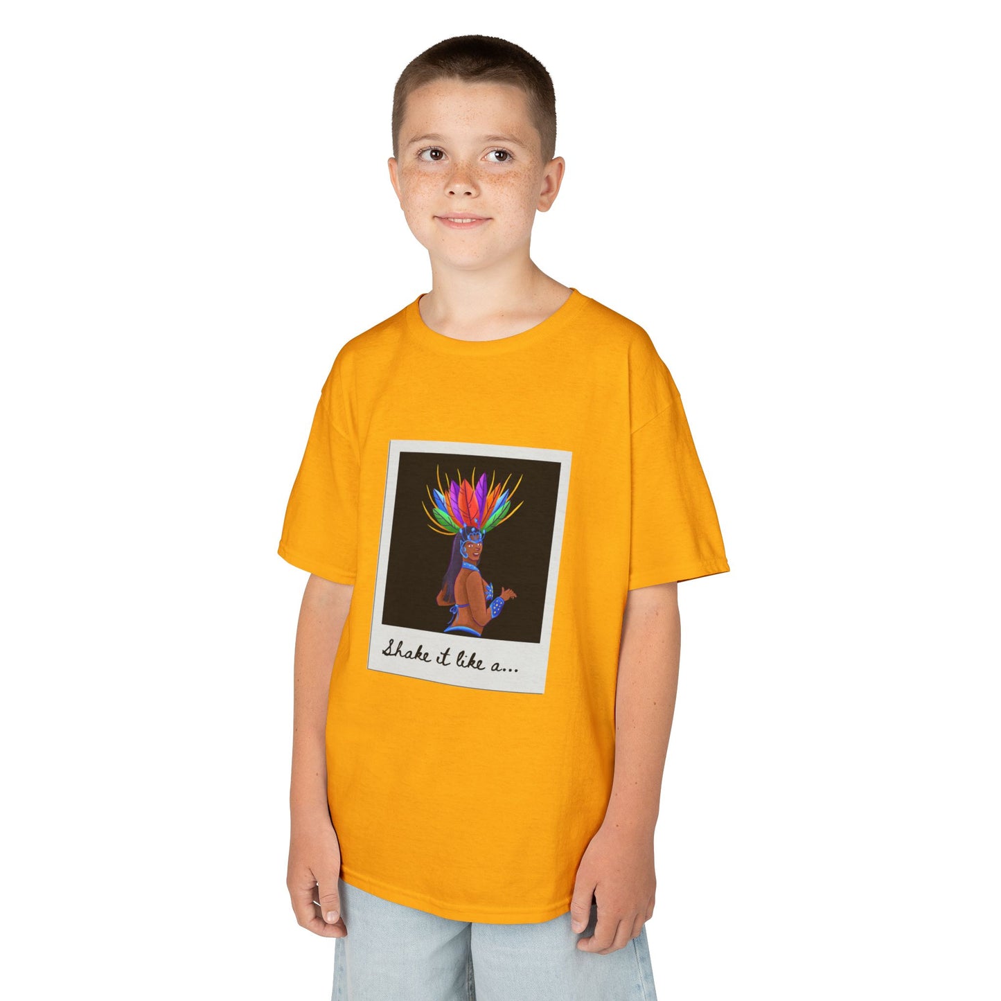 "Shake It Like a..." Youth Short Sleeve Tee – Carnival-Inspired Samba Dancer Graphic Dance Shirt for Kids