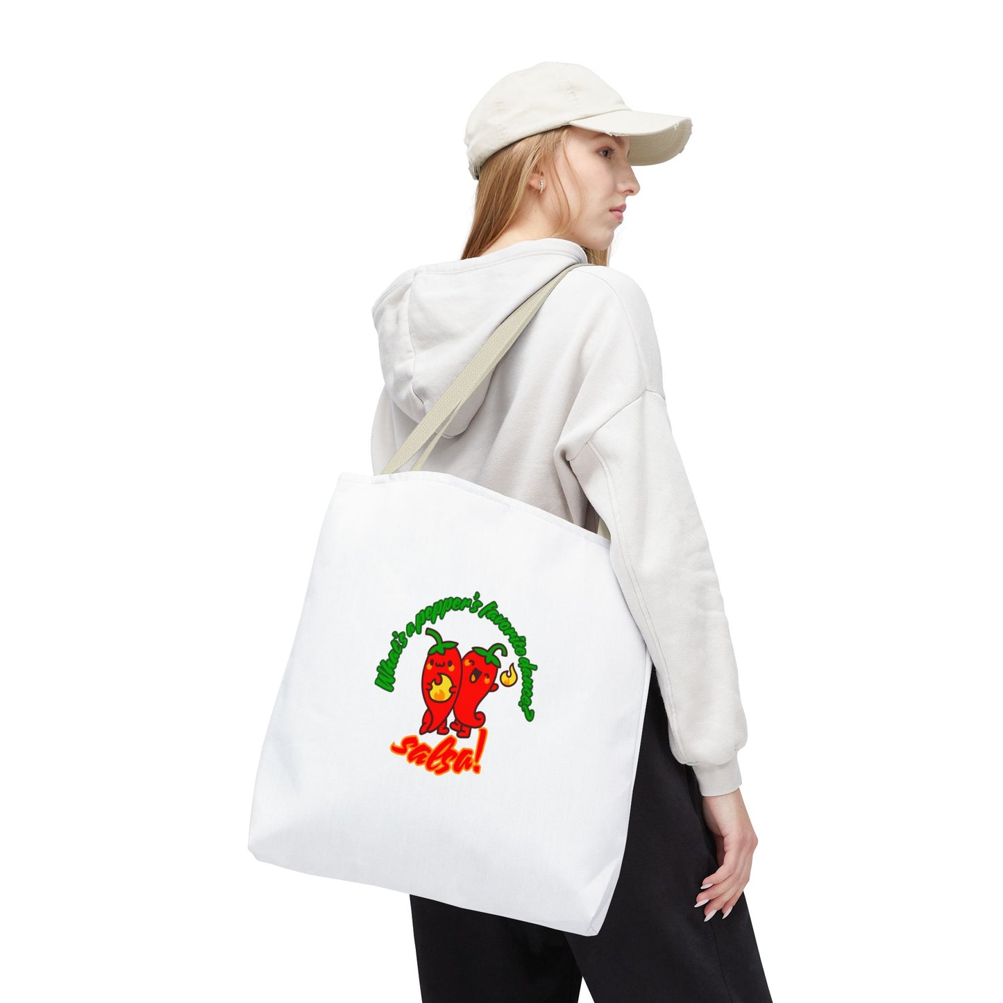 “What’s a Pepper’s Favorite Dance? Salsa!” Salsa Dance Pun Tote Bag – Funny Kawaii Pepper Graphic Canvas Bag for Dancers & Food Lovers