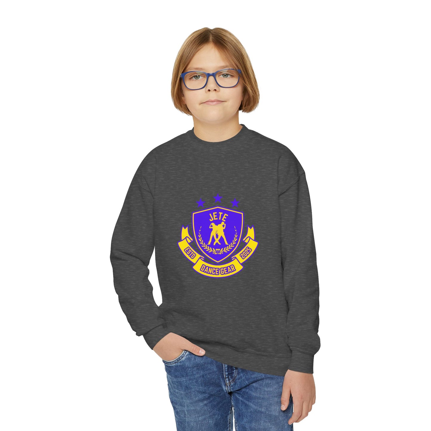 "Jeté Dance Gear" – Collegiate Style Youth Crewneck Sweatshirt | Bold Kids Dance Team Pullover