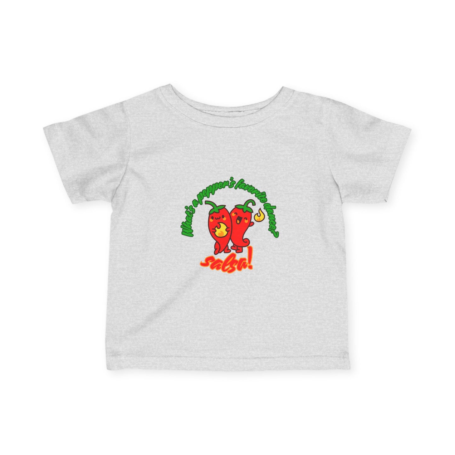 "What's a Pepper's Favorite Dance? Salsa!" Cute Dance-Themed Infant Fine Jersey Tee with Spicy Pepper Graphic – Funny Baby T-Shirt for Little Movers