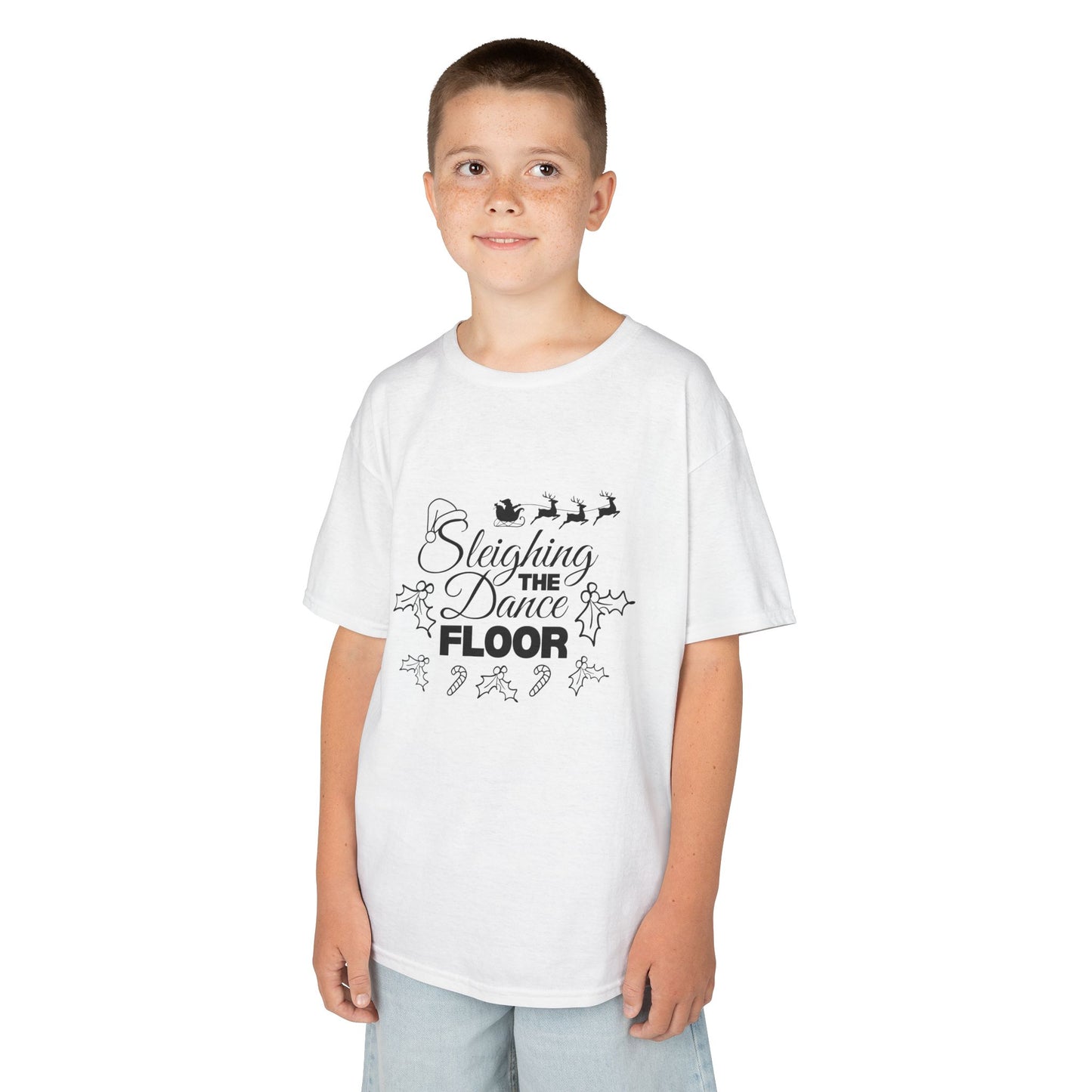“Sleighing the Dance Floor” YOUTH TEE Short Sleeve with Santa’s Sleigh and Reindeer – Festive Christmas Dance Shirt for Kids and Young Dancers