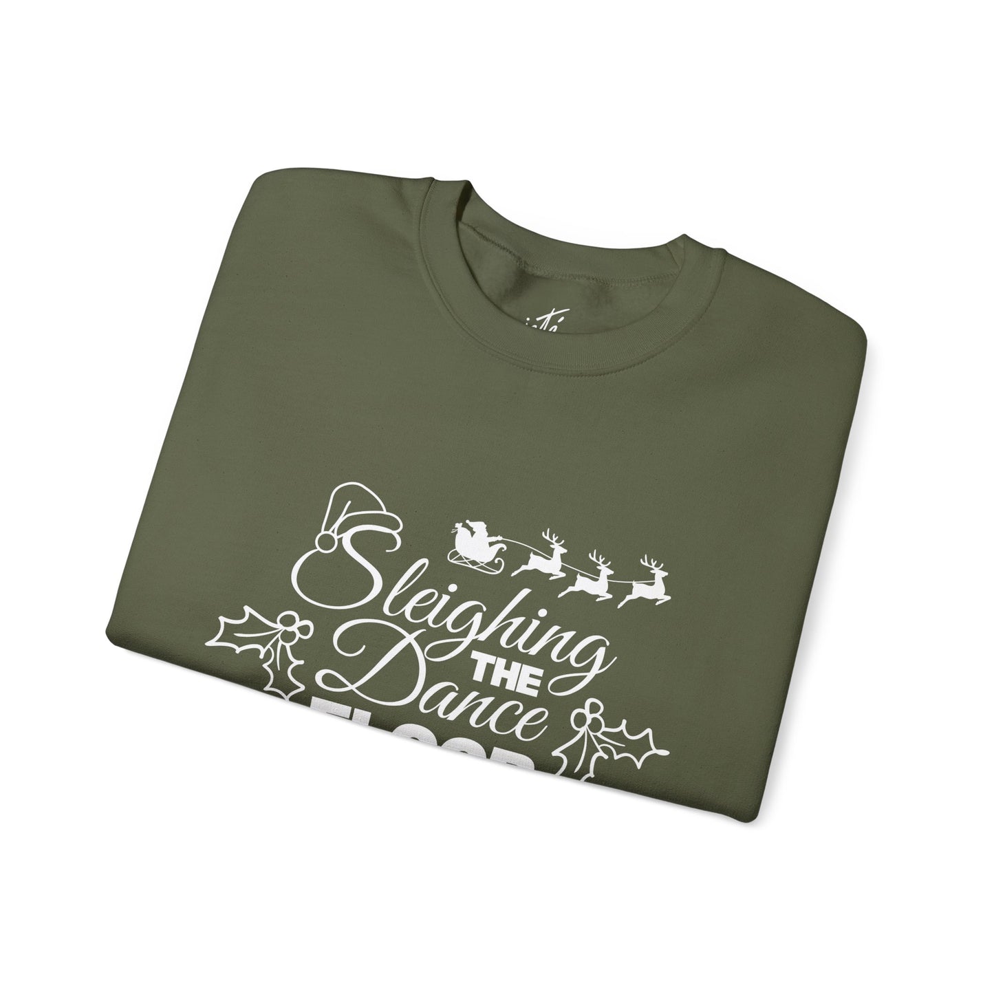 “Sleighing the Dance Floor” ADULT SWEATSHIRT Unisex Heavy Blend Crewneck – Festive Christmas Dance Sweatshirt with Santa’s Sleigh & Reindeer Arm Design, Perfect for Dancers & Studios