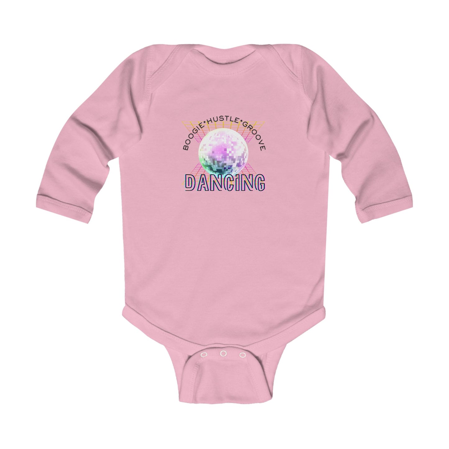 "Boogie, Hustle, Groove - Dancing" Infant Long Sleeve Bodysuit | Retro Dance Baby Onesie for Future Dancers