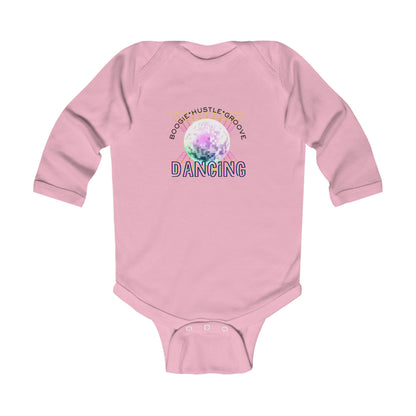 "Boogie, Hustle, Groove - Dancing" Infant Long Sleeve Bodysuit | Retro Dance Baby Onesie for Future Dancers
