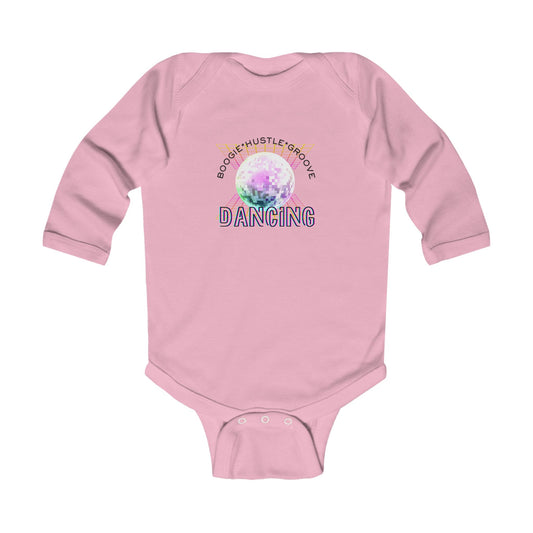 "Boogie, Hustle, Groove - Dancing" Infant Long Sleeve Bodysuit | Retro Dance Baby Onesie for Future Dancers