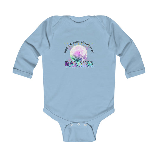"Boogie, Hustle, Groove - Dancing" Infant Long Sleeve Bodysuit | Retro Dance Baby Onesie for Future Dancers