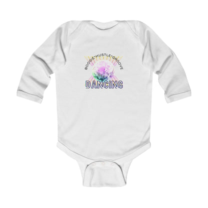 "Boogie, Hustle, Groove - Dancing" Infant Long Sleeve Bodysuit | Retro Dance Baby Onesie for Future Dancers
