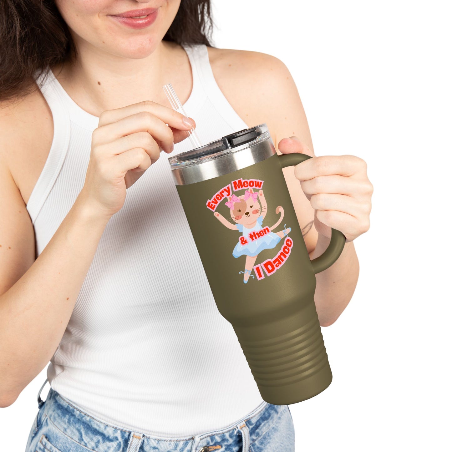 “Every Meow & Then I Dance” Adorable Dancing Cat Graphic | Cute Cat Dance Tumbler for Ballet Lovers & On-the-Go Coffee Enthusiasts - 40oz Insulated Travel Mug