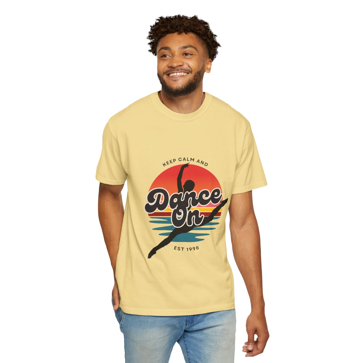 "Keep Calm and Dance On" Unisex Garment-Dyed T-Shirt – Retro Dance Graphic Tee – Vintage-Inspired Comfort Shirt for Dancers
