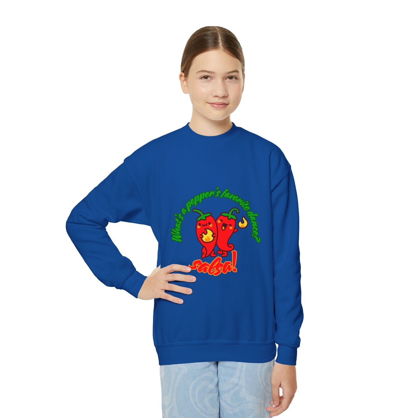 "What's a pepper's favorite dance?  Salsa!" – Funny Dance Pun Youth Crewneck Sweatshirt | Cute Pepper Graphic Kids Pullover for Dancers