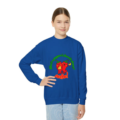 "What's a pepper's favorite dance?  Salsa!" – Funny Dance Pun Youth Crewneck Sweatshirt | Cute Pepper Graphic Kids Pullover for Dancers