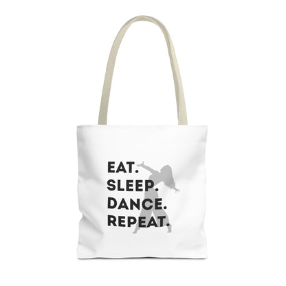 "Eat Sleep Dance Repeat" Canvas Tote Bag – Gray Dancer Silhouette Dance-Themed Reusable Shoulder Bag for Dancers, Studio, or Everyday Use