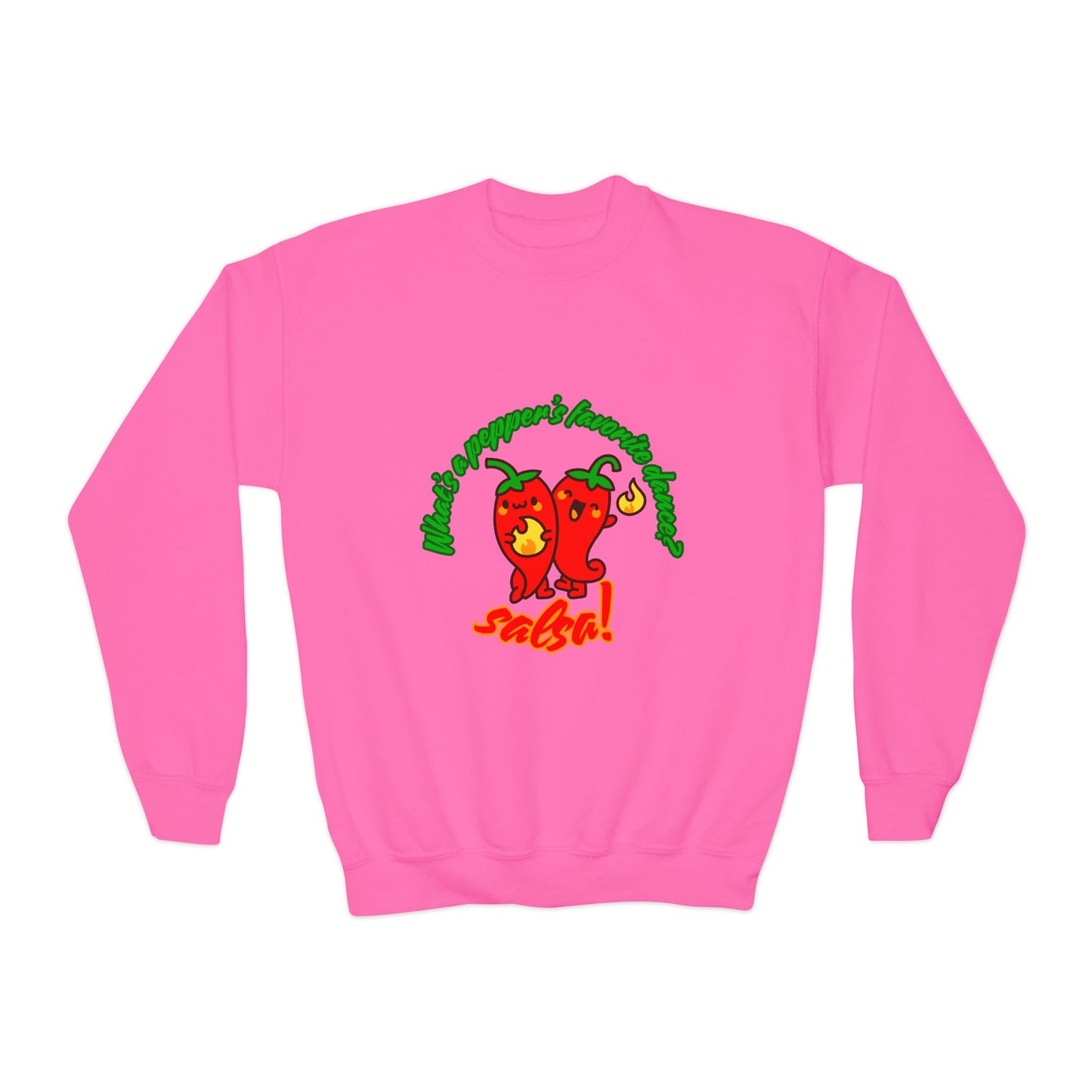 "What's a pepper's favorite dance?  Salsa!" – Funny Dance Pun Youth Crewneck Sweatshirt | Cute Pepper Graphic Kids Pullover for Dancers