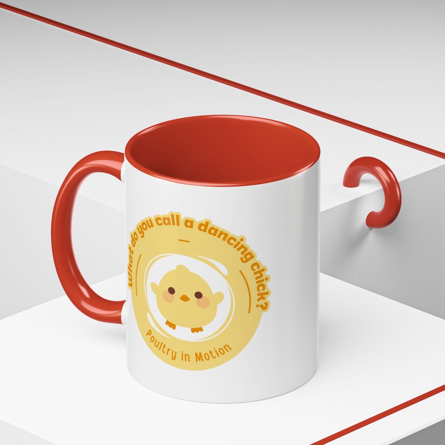 "What Do You Call a Dancing Chick? Poultry in Motion" Accent Coffee Mug – Funny Dance Pun Ceramic Mug for Dancers and Chick Enthusiasts